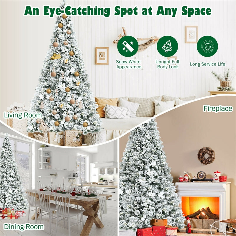 8ft Snow Flocked Artificial Christmas Tree Hinged Xmas Tree 1239 Branch Tips with White Berries, Poinsettia Flowers & Folding Metal Stand