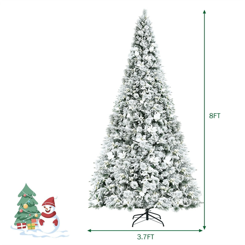 8ft Snow Flocked Artificial Christmas Tree Hinged Xmas Tree 1239 Branch Tips with White Berries, Poinsettia Flowers & Folding Metal Stand