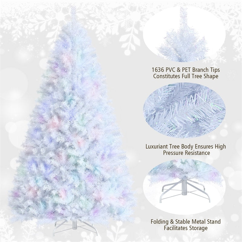 8FT White Artificial Christmas Tree Unlit Hinged Full Xmas Pine Tree with 1636 Iridescent Branch Tips & Metal Stand for Home Office Holiday Decor