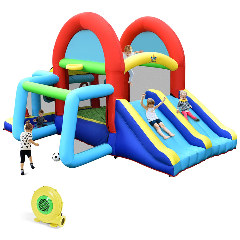 Inflatable Bounce House 8-in-1 Canopy Theme Kids Blow Up Jump Castle with Dual Slides, 480W Blower & Ball Pit for Indoor Outdoor Family Party Gift