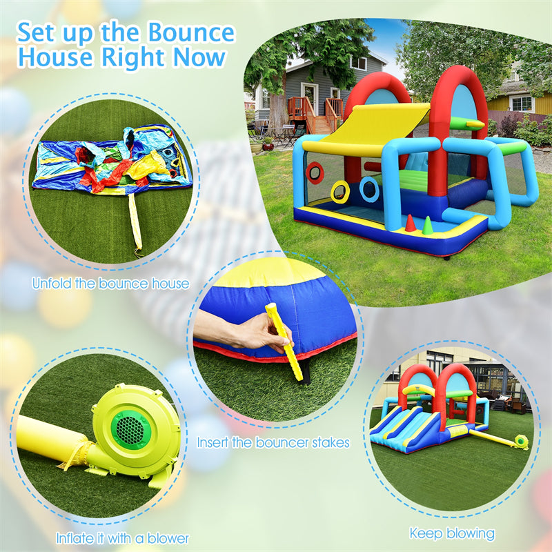 Inflatable Bounce House 8-in-1 Canopy Theme Kids Blow Up Jump Castle with Dual Slides, 480W Blower & Ball Pit for Indoor Outdoor Family Party Gift