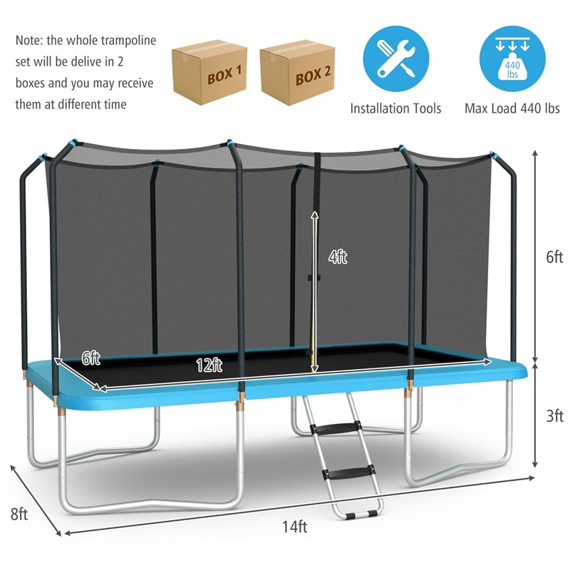 8 x 14FT Rectangular Trampoline Recreational Trampoline with Enclosure Net Non-Slip Ladder for Kids Adults