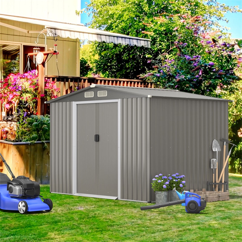 8' x 6' Outdoor Storage Shed Galvanized Steel Garden Tool House with Foundation, 4 Louvers, Double Doors & Ramp for Lawn Yard