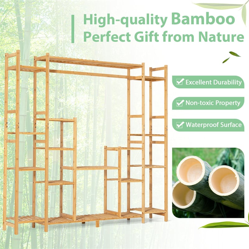 9-Tier Bamboo Plant Stand 2-In-1 High-Low Potted Plant Holder Shelf with Hanging Rack