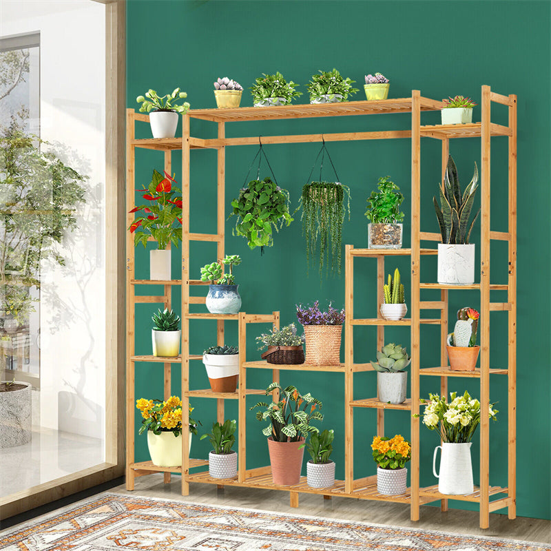 9-Tier Bamboo Plant Stand 2-In-1 High-Low Potted Plant Holder Shelf with Hanging Rack