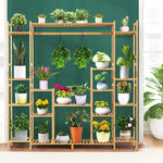 9-Tier Bamboo Plant Stand 2-In-1 High-Low Potted Plant Holder Shelf with Hanging Rack