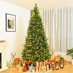 9FT Pre-Lit Artificial Christmas Tree, Hinged Pencil Tree with 1000 Multicolor LED Lights, 2944 Auto-Spread Branches & Folding Metal Stand for Decor