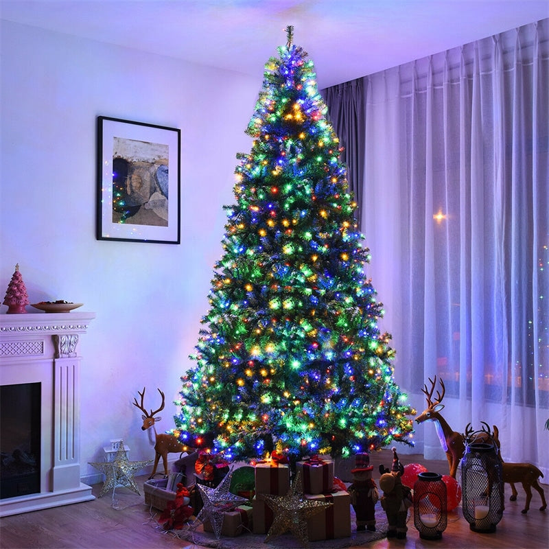 9FT Pre-Lit Artificial Christmas Tree, Hinged Pencil Tree with 1000 Multicolor LED Lights, 2944 Auto-Spread Branches & Folding Metal Stand for Decor