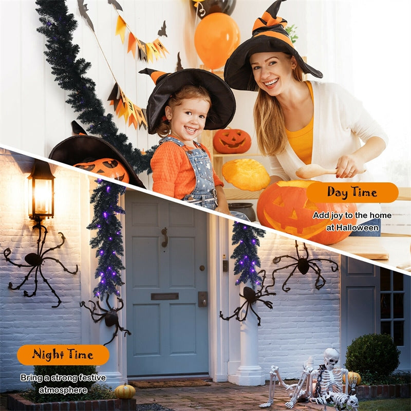 9FT Pre-lit Black Halloween Garland Artificial Christmas Garland with 50 Purple LED Lights & Timer