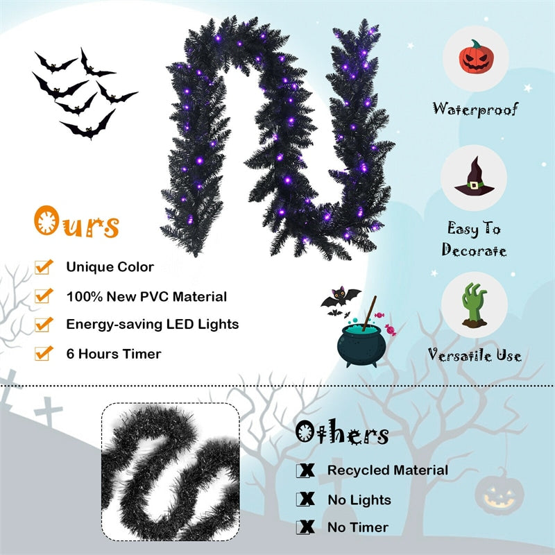 9FT Pre-lit Black Halloween Garland Artificial Christmas Garland with 50 Purple LED Lights & Timer