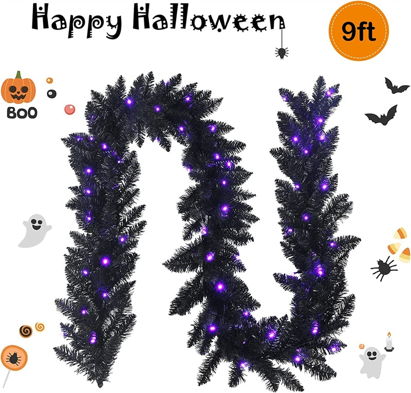 9FT Pre-lit Black Halloween Garland Artificial Christmas Garland with 50 Purple LED Lights & Timer