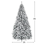 9FT Snow Flocked Christmas Tree Unlit Artificial Wrapped Xmas Tree with 1498 PVC Branch Tips & Sturdy Metal Stand for Holiday Decor