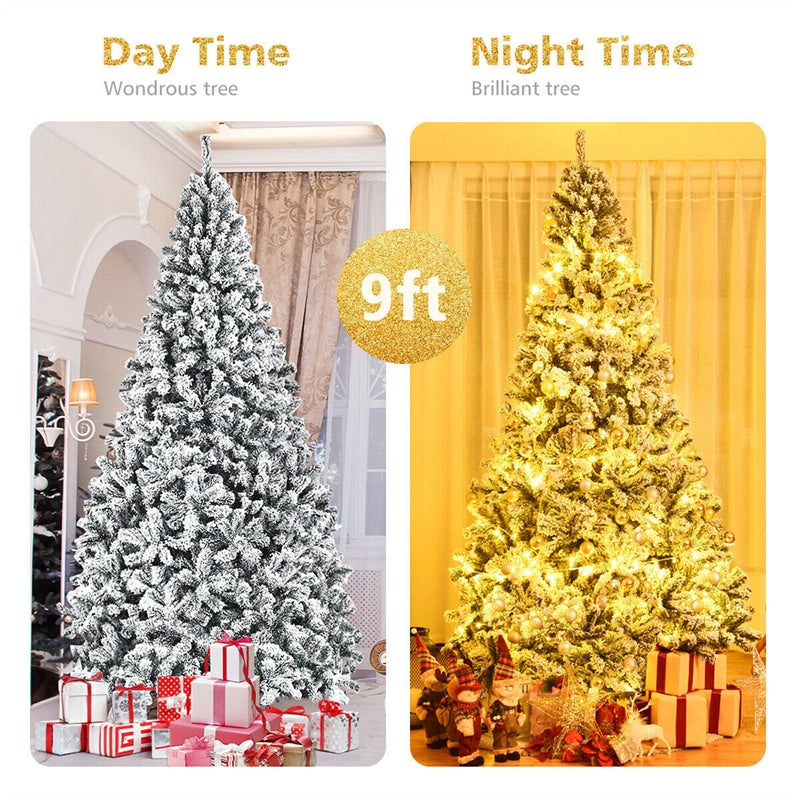 9FT Snow Flocked Christmas Tree Unlit Artificial Wrapped Xmas Tree with 1498 PVC Branch Tips & Sturdy Metal Stand for Holiday Decor