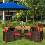 9 Pcs Outdoor Acacia Wood Patio Rattan Dining Set with Wicker Chairs & Umbrella Hole