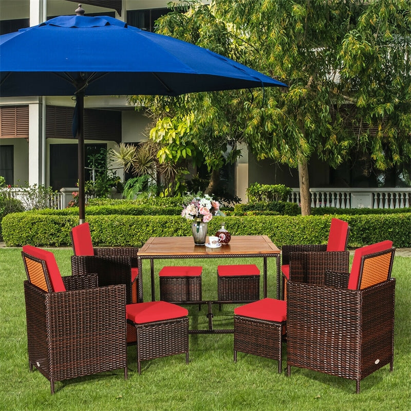 9 Pcs Outdoor Acacia Wood Patio Rattan Dining Set with Wicker Chairs & Umbrella Hole