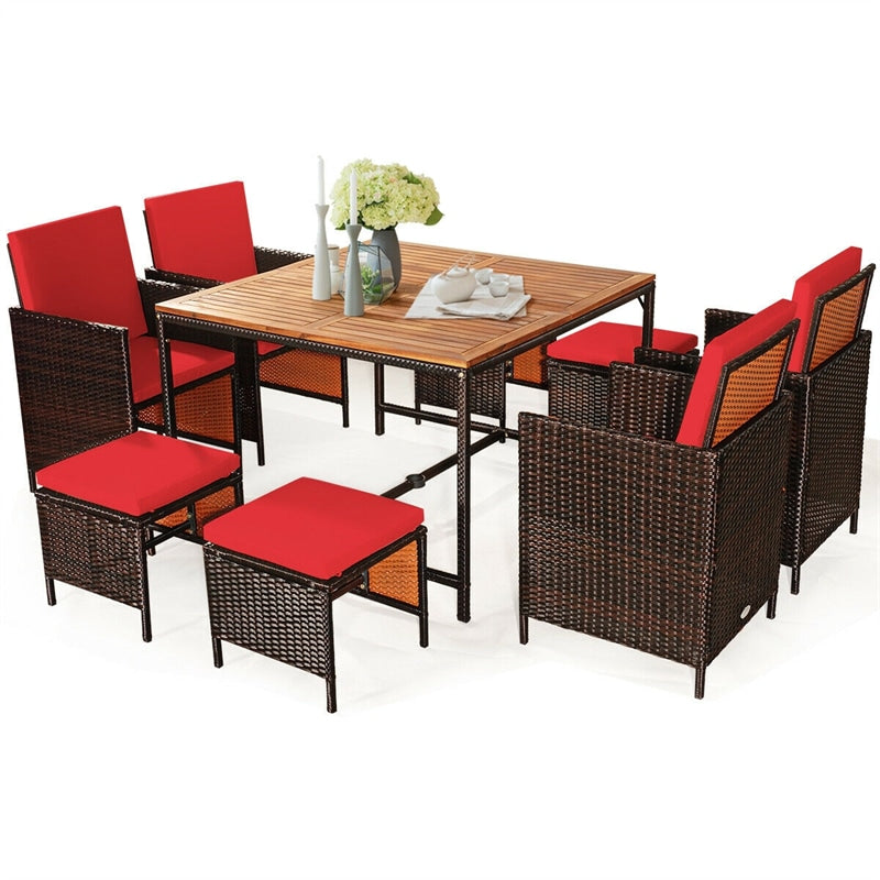 9 Pcs Outdoor Acacia Wood Patio Rattan Dining Set with Wicker Chairs & Umbrella Hole