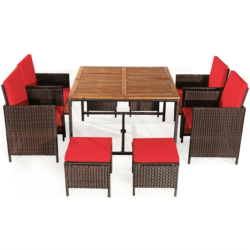 9 Pcs Outdoor Acacia Wood Patio Rattan Dining Set with Wicker Chairs & Umbrella Hole