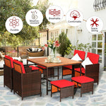 9 Pcs Outdoor Acacia Wood Patio Rattan Dining Set with Wicker Chairs & Umbrella Hole