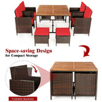 9 Pcs Outdoor Acacia Wood Patio Rattan Dining Set with Wicker Chairs & Umbrella Hole