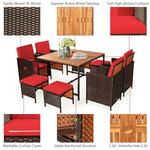 9 Pcs Outdoor Acacia Wood Patio Rattan Dining Set with Wicker Chairs & Umbrella Hole