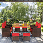 9 Pcs Outdoor Acacia Wood Patio Rattan Dining Set with Wicker Chairs & Umbrella Hole