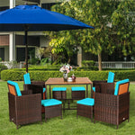 9 Pcs Outdoor Acacia Wood Patio Rattan Dining Set with Wicker Chairs & Umbrella Hole