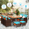 9 Pcs Outdoor Acacia Wood Patio Rattan Dining Set with Wicker Chairs & Umbrella Hole