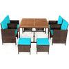 9 Pcs Outdoor Acacia Wood Patio Rattan Dining Set with Wicker Chairs & Umbrella Hole