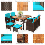 9 Pcs Outdoor Acacia Wood Patio Rattan Dining Set with Wicker Chairs & Umbrella Hole