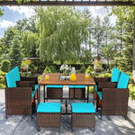 9 Pcs Outdoor Acacia Wood Patio Rattan Dining Set with Wicker Chairs & Umbrella Hole