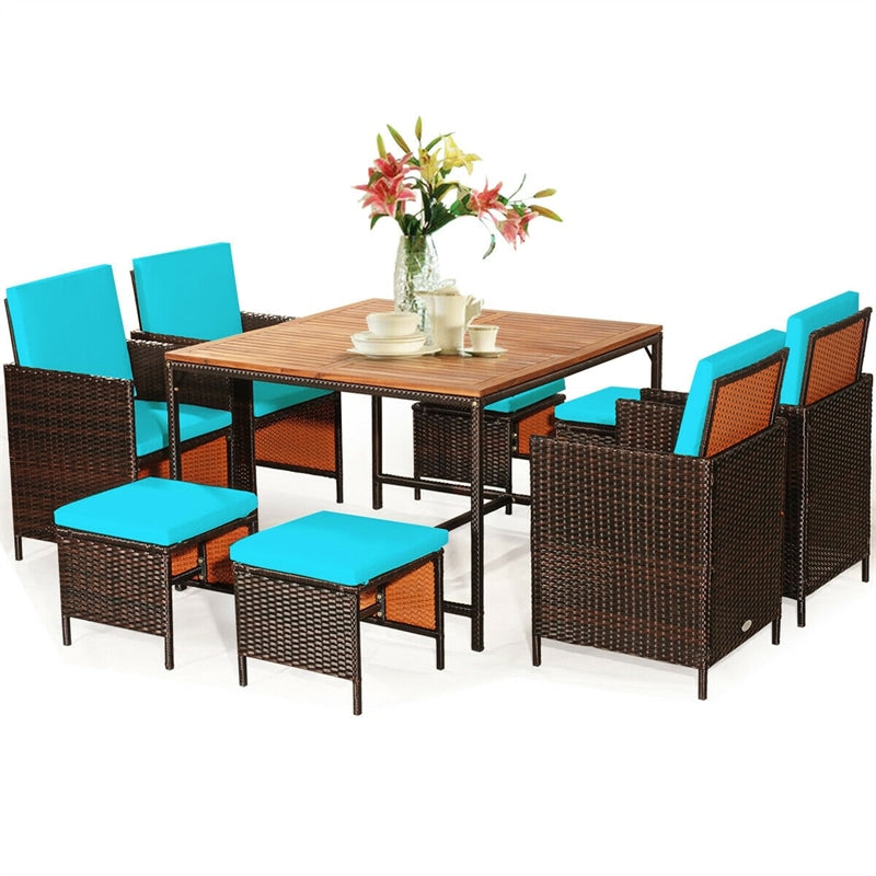 9 Pcs Outdoor Acacia Wood Patio Rattan Dining Set with Wicker Chairs & Umbrella Hole