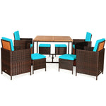 9 Pcs Outdoor Acacia Wood Patio Rattan Dining Set with Wicker Chairs & Umbrella Hole