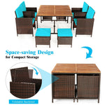 9 Pcs Outdoor Acacia Wood Patio Rattan Dining Set with Wicker Chairs & Umbrella Hole