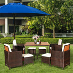 9 Pcs Outdoor Acacia Wood Patio Rattan Dining Set with Wicker Chairs & Umbrella Hole