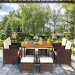 9 Pcs Outdoor Acacia Wood Patio Rattan Dining Set with Wicker Chairs & Umbrella Hole