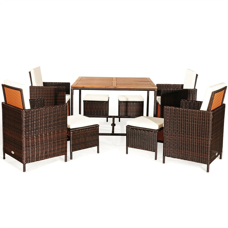 9 Pcs Outdoor Acacia Wood Patio Rattan Dining Set with Wicker Chairs & Umbrella Hole