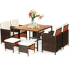 9 Pcs Outdoor Acacia Wood Patio Rattan Dining Set with Wicker Chairs & Umbrella Hole