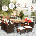 9 Pcs Outdoor Acacia Wood Patio Rattan Dining Set with Wicker Chairs & Umbrella Hole