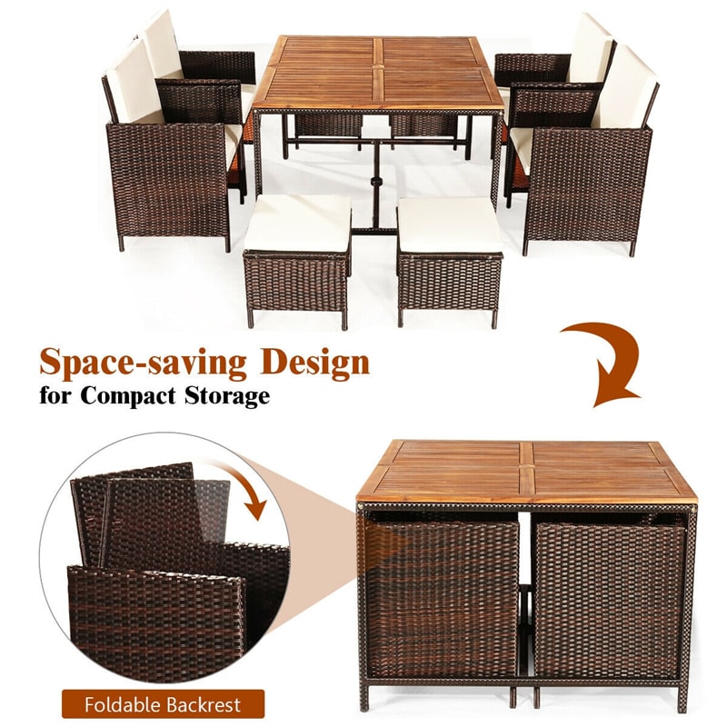 9 Pcs Outdoor Acacia Wood Patio Rattan Dining Set with Wicker Chairs & Umbrella Hole