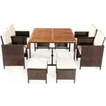 9 Pcs Outdoor Acacia Wood Patio Rattan Dining Set with Wicker Chairs & Umbrella Hole