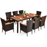 9 Piece Outdoor Rattan Patio Dining Set Acacia Wood Table Top Garden Dining Set with 8 Stackable Wicker Patio Chairs & Cushions