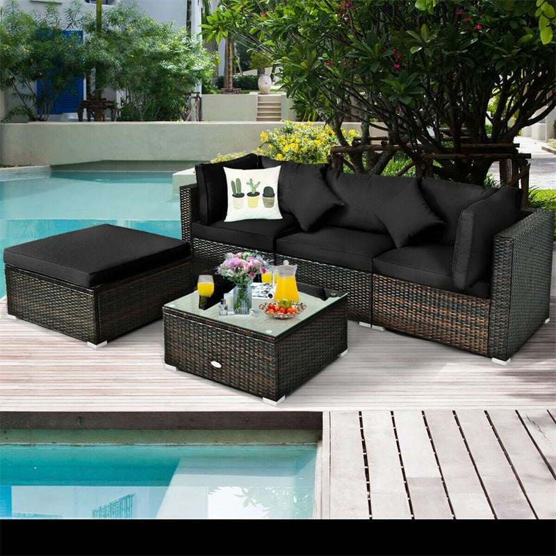 5 Piece Wicker Patio Rattan Furniture Set Outdoor Sectional Sofa with Glass Table & Cushions