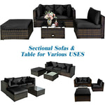 5 Piece Wicker Patio Rattan Furniture Set Outdoor Sectional Sofa with Glass Table & Cushions