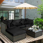 5 Piece Wicker Patio Rattan Furniture Set Outdoor Sectional Sofa with Glass Table & Cushions