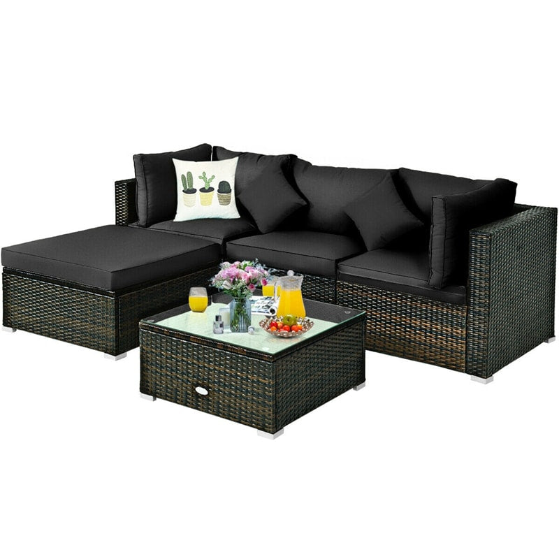 5 Piece Wicker Patio Rattan Furniture Set Outdoor Sectional Sofa with Glass Table & Cushions