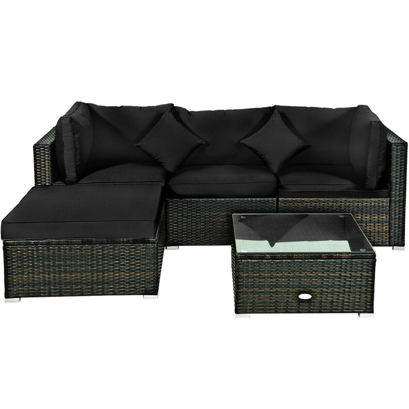 5 Piece Wicker Patio Rattan Furniture Set Outdoor Sectional Sofa with Glass Table & Cushions