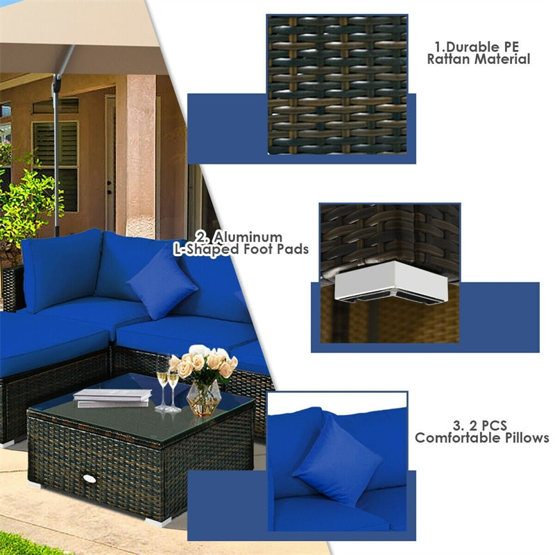 5 Piece Wicker Patio Rattan Furniture Set Outdoor Sectional Sofa with Glass Table & Cushions