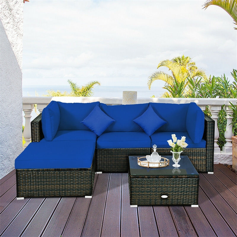 5 Piece Wicker Patio Rattan Furniture Set Outdoor Sectional Sofa with Glass Table & Cushions