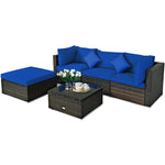 5 Piece Wicker Patio Rattan Furniture Set Outdoor Sectional Sofa with Glass Table & Cushions