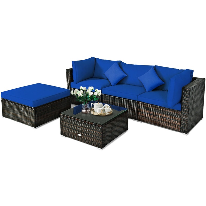 5 Piece Wicker Patio Rattan Furniture Set Outdoor Sectional Sofa with Glass Table & Cushions